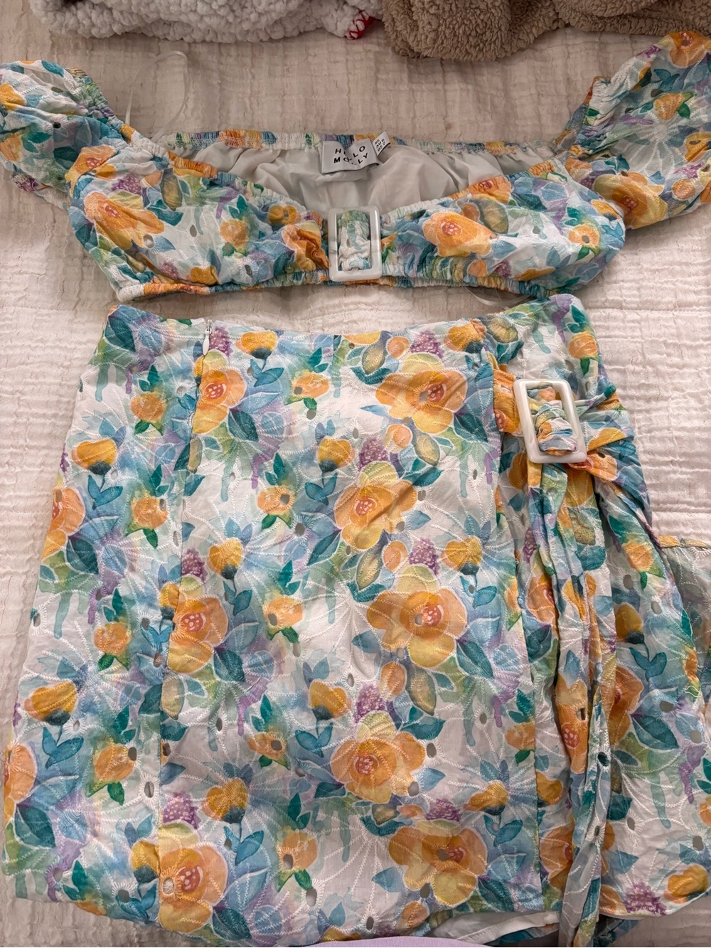 HELLO MOLLY Floral Two-Piece Crop Top & Skirt Set in Yellow and Teal